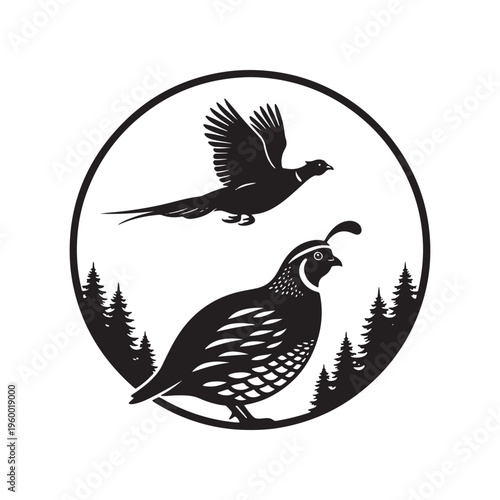 A minimalist black and white circular emblem featuring a flying pheasant and a standing quail bird