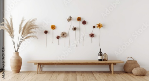 Contemporary living room interior design with wooden bench and dried flowers on white wall