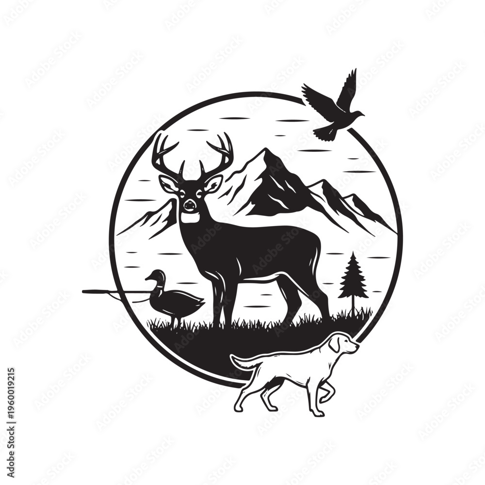 Naklejka premium A circular monochrome graphic featuring a majestic deer standing before a mountain landscape scene