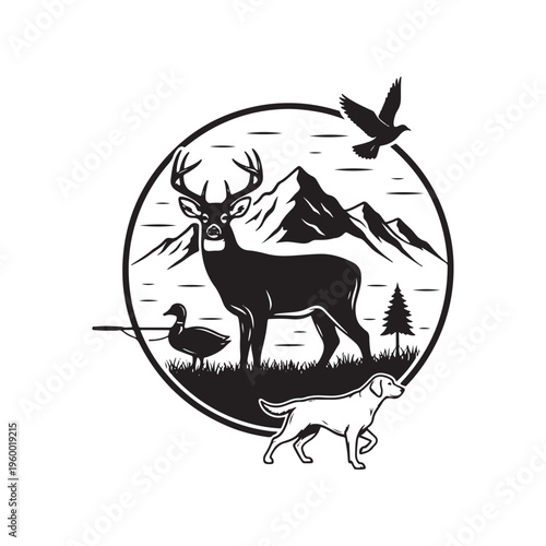 A circular monochrome graphic featuring a majestic deer standing before a mountain landscape scene