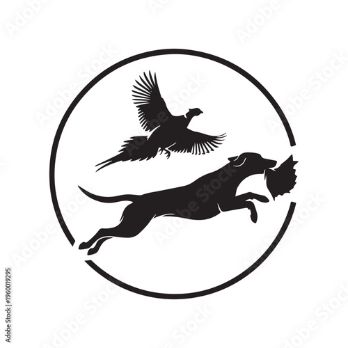 Minimalist black silhouette logo design featuring a hunting dog retrieving a pheasant in a circle