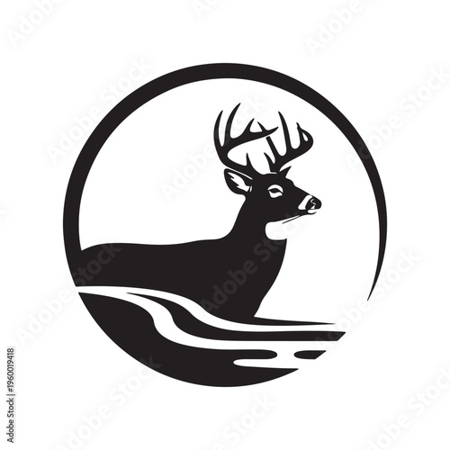 A minimalist black and white graphic logo featuring a majestic deer standing in shallow water