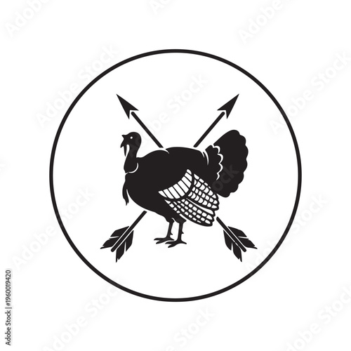 A minimalist black and white graphic design featuring a turkey silhouette with crossed arrows icon