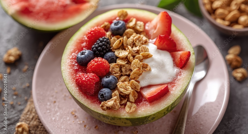 Fototapeta premium Refreshing organic fruit combination in watermelon shell complemented by granola and yogurt