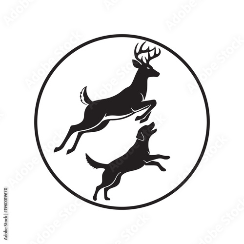 A minimalist black and white circular icon featuring a jumping stag and a chasing hunting dog