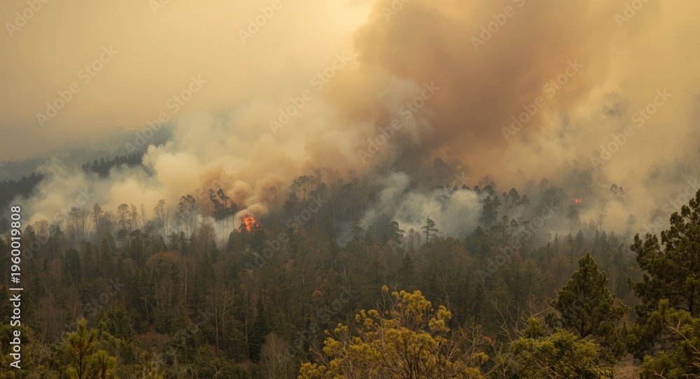 Fototapeta premium Natural emergency events leading to large scale wildfires and smoky forest scenes