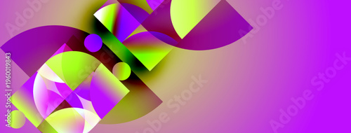 Abstract composition featuring vibrant purple, green shapes. Circles, arcs create dynamic visual effect. Modern design elements present.