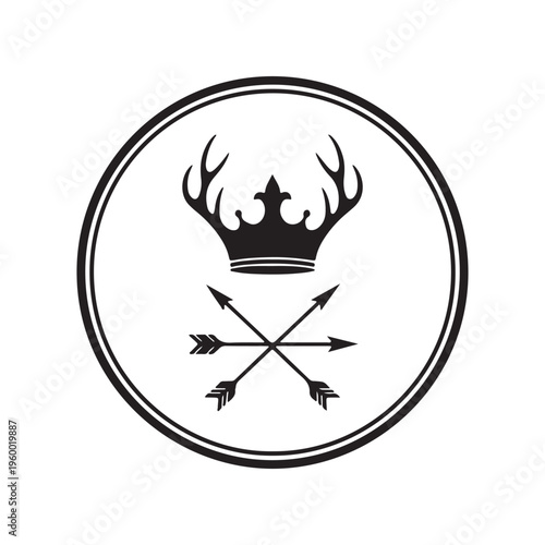 A minimalist black and white emblem featuring an antler crown graphic centered above crossed arrows