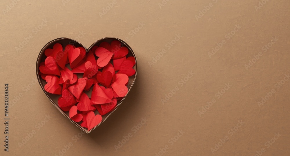 Fototapeta premium Romantic heart shaped cardboard box full of red paper hearts placed on brown textured surface with room for text