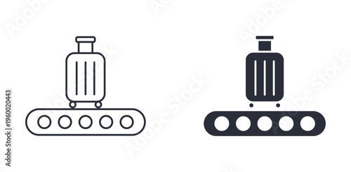 Baggage conveyor icons, suitcase on conveyor belt symbol, airport luggage handling and transport icon in line and silhouette style, vector illustration