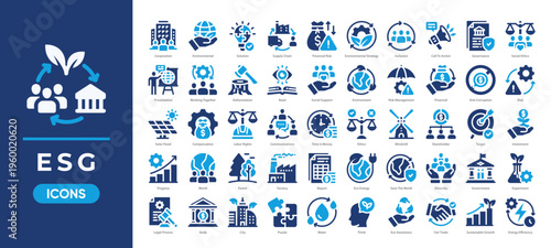 ESG icon set featuring sustainability, environmental impact, social responsibility, and corporate governance icon. Simple solid vector.