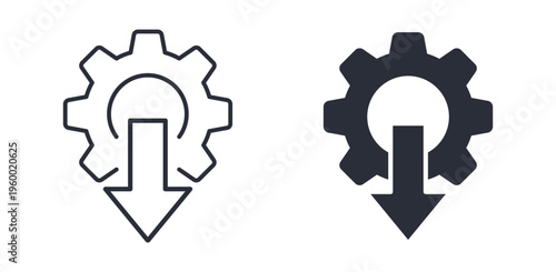 Import icons, gear with downward arrow symbol,efficient software setup process icon in line and silhouette style, vector illustration .