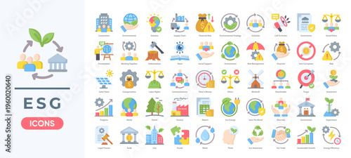 ESG icon set featuring sustainability, environmental impact, social responsibility, and corporate governance icon. Simple flat color vector.