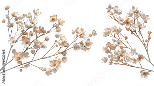 Two delicate dried baby's breath flower stems object as PNG asset isolated on transparent background