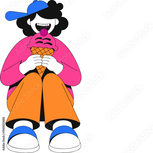 Happy child enjoying ice cream while sitting on the ground  
