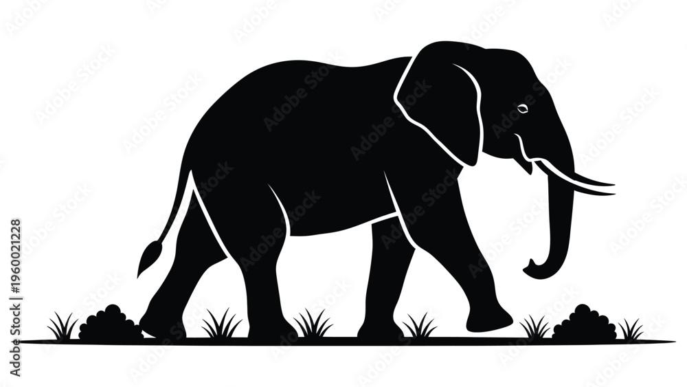 Fototapeta premium Black silhouette illustration of an elephant standing in a savanna landscape