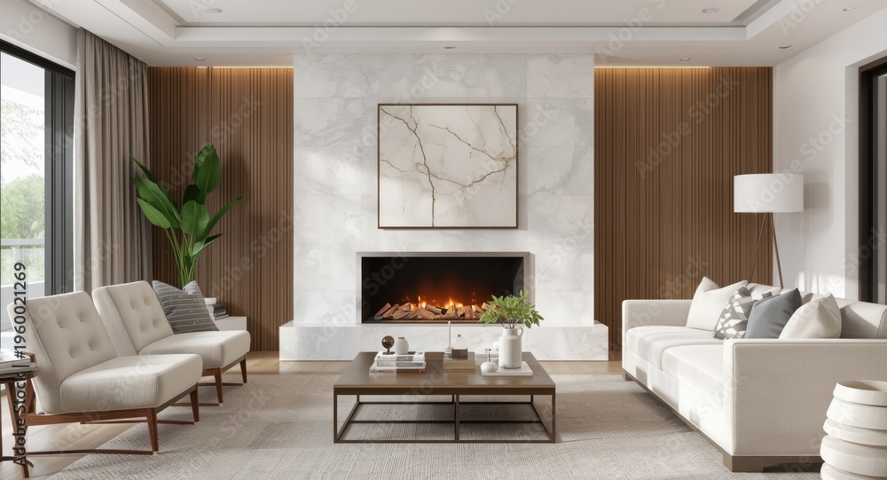 Obraz premium Gas fireplace presentation in a serene and timeless living room design