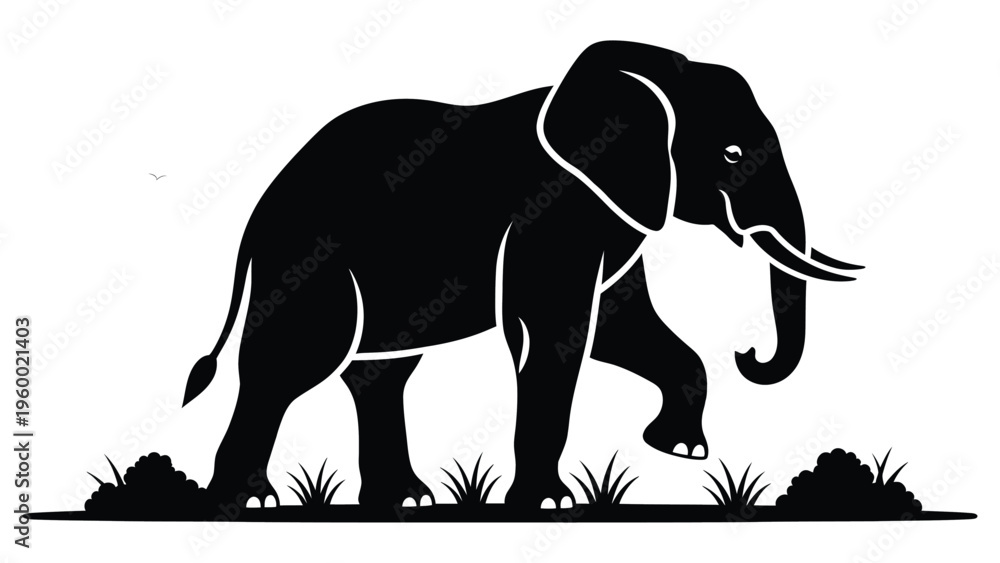 Fototapeta premium Black silhouette illustration of an elephant standing in a savanna landscape