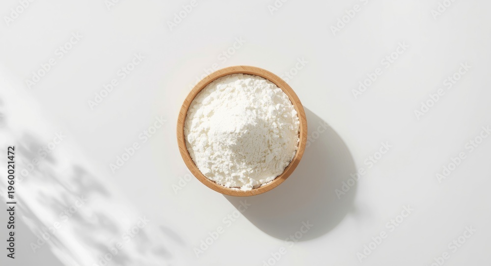 Fototapeta premium Skimmed milk powder presented in a circular wooden container over a white tabletop