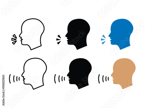human profiles speaking and listening with sound waves and communication symbols icons set.