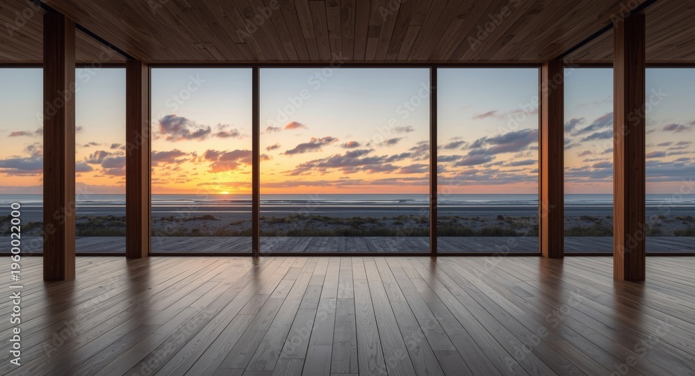 Fototapeta premium Open modern interior with a large wood gallery and floor to ceiling window overlooking beach sunset for display use