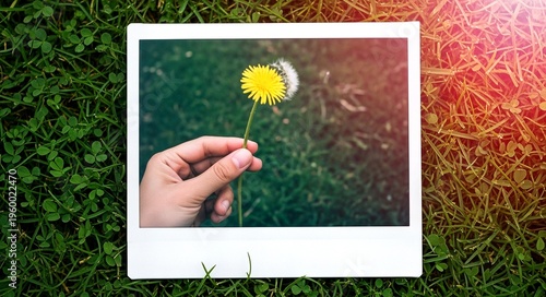 Hand holding dandelion flower with green grass background  