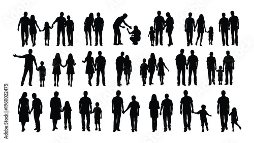 A collection of silhouettes of people in various poses and occupations