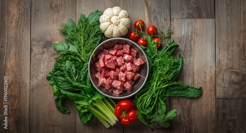 Fresh garden vegetables encircle cubed raw meat in bowl on textured rustic wood floor for pets