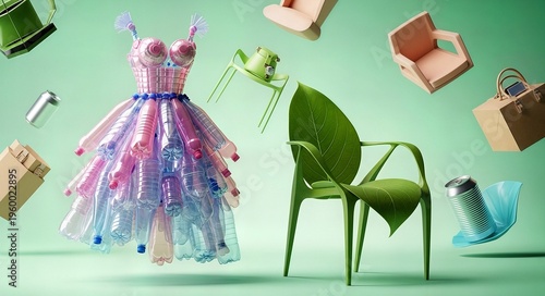 Eco-friendly dress made from plastic bottles alongside green chair  