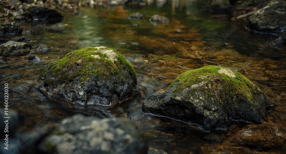 Fototapeta premium Mossy stone clusters near the tranquil surface of a clear mountain stream