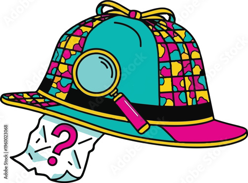 A vibrant detective hat featuring a magnifying glass and a mysterious question mark paper icon