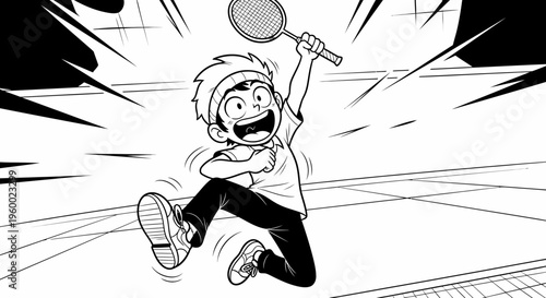 A dynamic black and white cartoon illustration of a young boy enthusiastically jumping and playing badminton on a court, racket raised for a powerful shot.