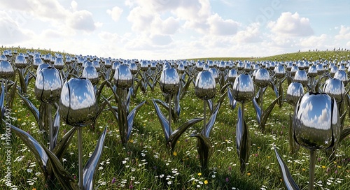 Field of reflective tulips under a blue sky with fluffy clouds  