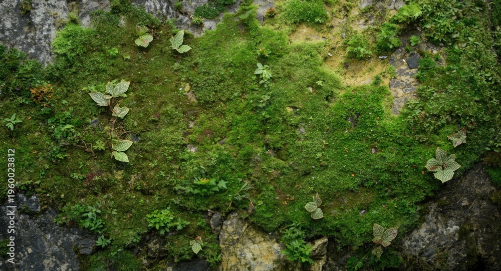 Fototapeta premium Soft moss blanket over rocky surface creating textured background