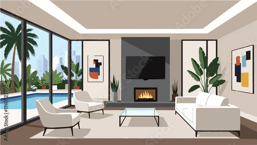 Stylish modern living room interior with large windows fireplace sofa and city view plants vector illustration