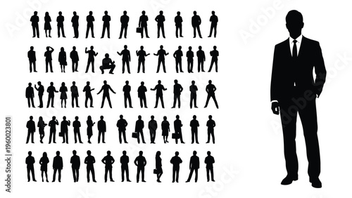 A collection of black silhouettes of people in various poses and a single suited man