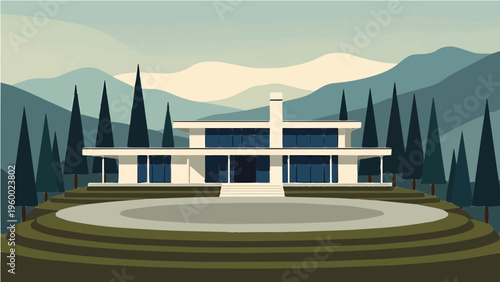 Modern luxury villa with swimming pool and circular driveway in scenic mountainous landscape vector illustration