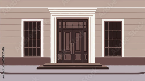 Elegant classical building facade with double wooden doors and white columns architecture vector illustration