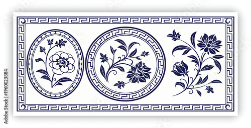 Traditional Chinese porcelain floral pattern, cobalt blue and white color palette, intricate flowers and vines, seamless decorative pattern set, square tiles, circular plate frame with greek key borde