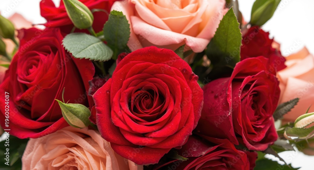 Naklejka premium Artistic closeup of a bright rose arrangement combining red and pastel flowers with leafy greens on white