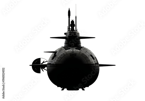 A sleek submarine surfacing with visible periscopes and hydrophone arrays on deck