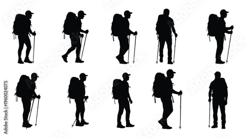 Set of hikers in various poses with backpacks and trekking poles