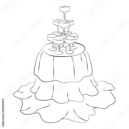 Hand-drawn wedding party decor elements such as champagne tower and round table in rococo style, composition for cards, invitation