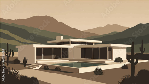 Modern desert villa with pool surrounded by cacti and mountain range vector illustration