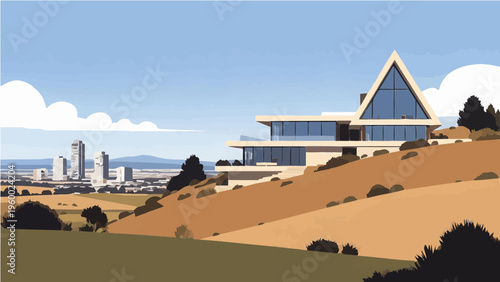 Contemporary hillside house with A-frame roof large windows and city panorama vector illustration