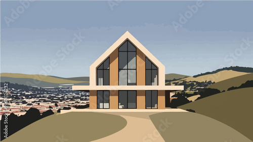 Modern A-frame house on hill with large windows overlooking city and landscape vector illustration