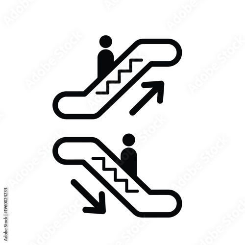 Escalator up and down sign icons, black silhouette wayfinding symbols for public transport, minimalist moving staircase vector set for navigation