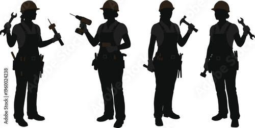 "Female Construction Worker Silhouettes, Tools, Wrench, Hammer, Drill, Hard Hat, Work