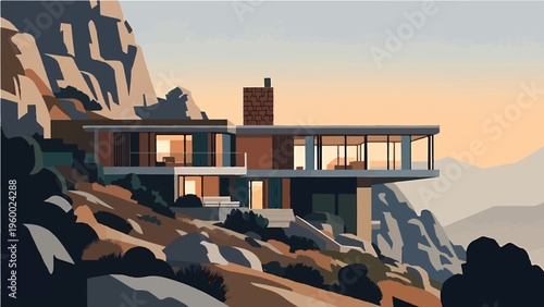Modern luxury villa perched on rocky cliff with ocean and mountain views vector illustration