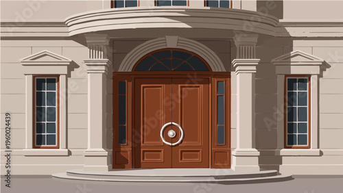 Classical building with large wooden doors columns and steps elegant entrance vector illustration